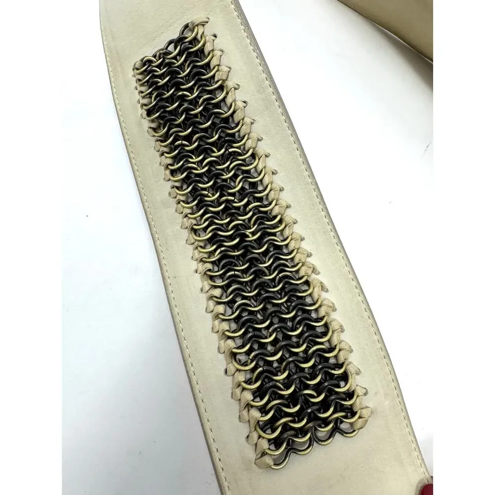 Christian Dior Saddle Belt Beige Leather Antique Gold “D” Buckle Chainmail Sz 85